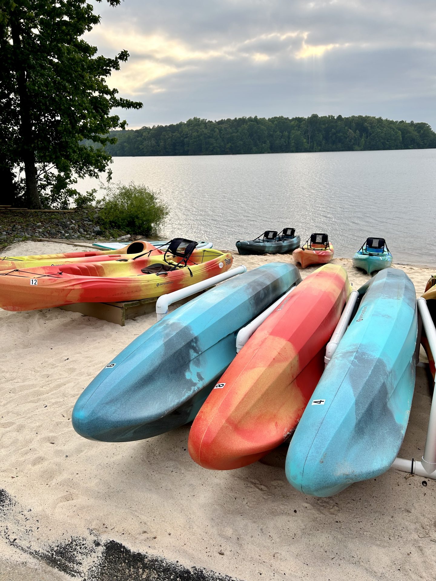 Kayaks at Lake Brandt in Greensboro
