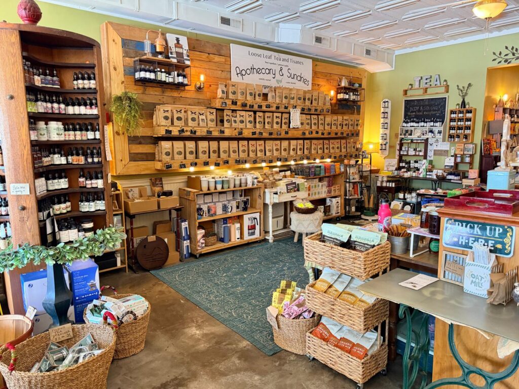 Vida Pour Tea Greensboro NC Shop inside organic soaps, oils, candles.